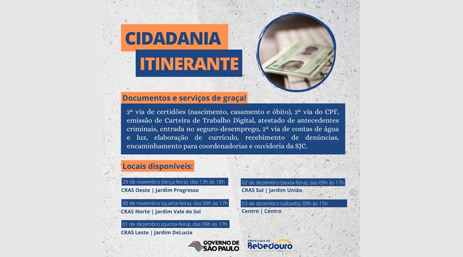 Cidadania Itinerante: Bebedouro inicia emissão de documentos de graça dia 29