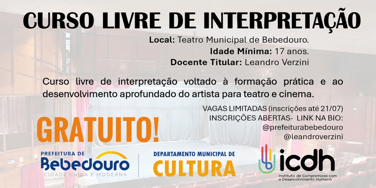 Departamento de Cultura abre inscrições para Curso Livre de Interpretação