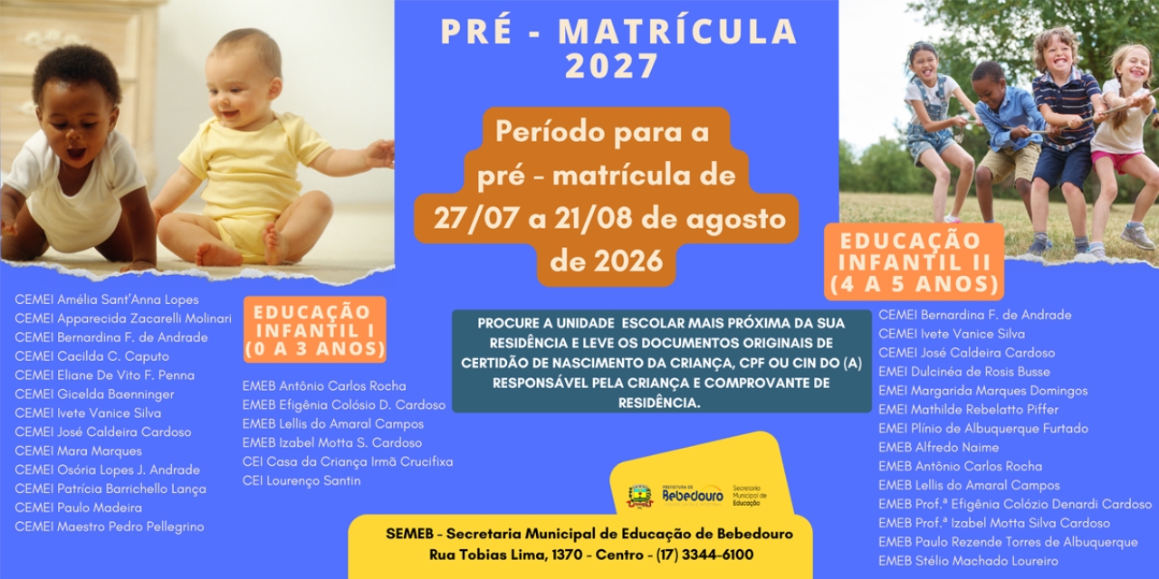 Secretaria Municipal de Educação inicia pré-inscrições para Educação Infantil para o ano letivo de 2027