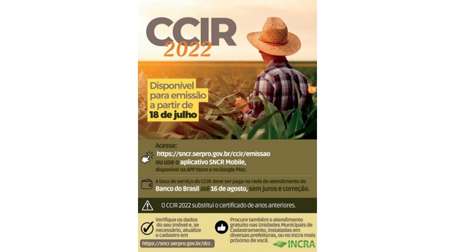 Proprietários rurais têm até o dia 16 para emitir o Certificado de Cadastro de Imóvel Rural (CCIR)