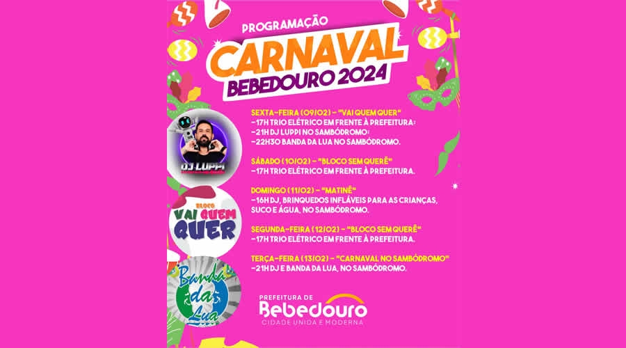 Carnaval 2024 em Bebedouro terá bloquinho, trio elétrico, dj e banda no sambódromo