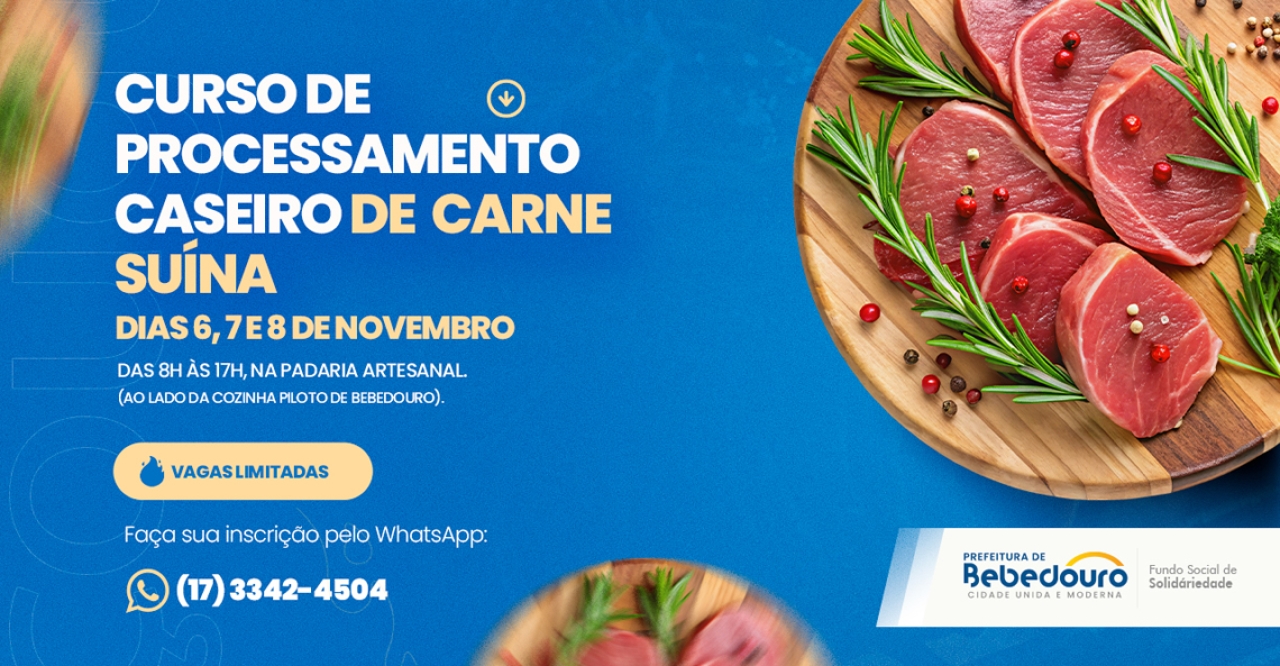 Curso gratuito de Processamento Caseiro de Carne Suína tem inscrições abertas