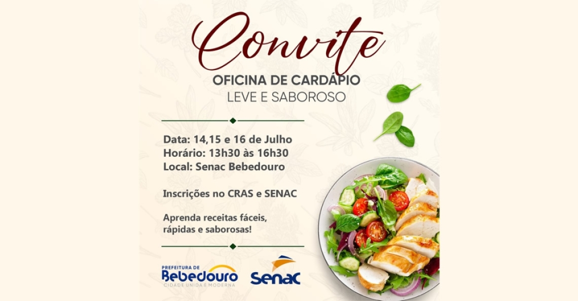 Curso “Cardápio Leve e Saboroso” tem inscrições abertas nos CRAS e no SENAC
