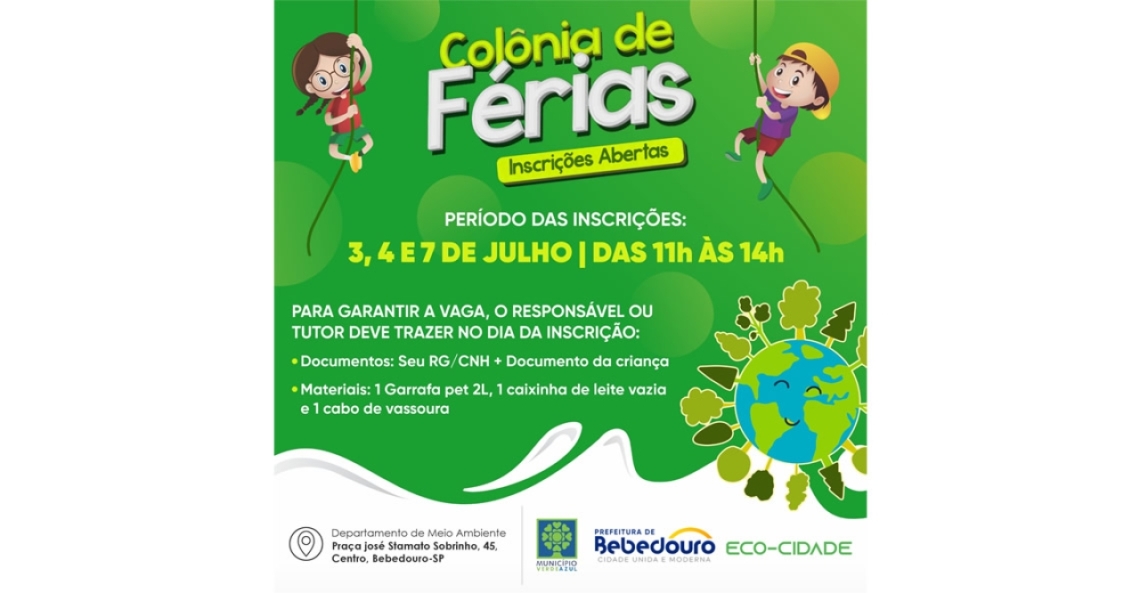 Inscrições abertas para a 1ª Colônia de Férias do Meio Ambiente