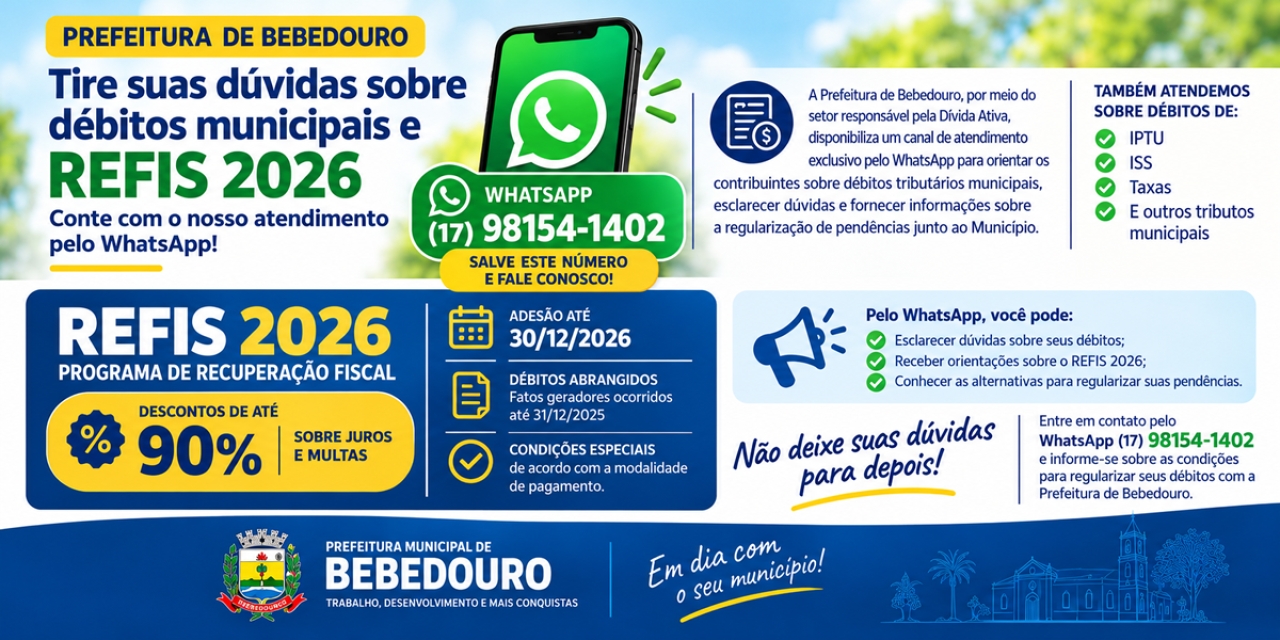 Prefeitura de Bebedouro disponibiliza WhatsApp para esclarecer dúvidas sobre débitos municipais e REFIS 2026